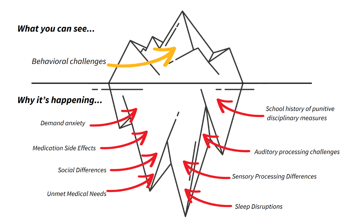 A graphic by PDA North America showing the separation between behavioural displays of PDA and underlying triggers, represented by an iceberg with "what you can see" on top and "why it's happening" on the bottom.