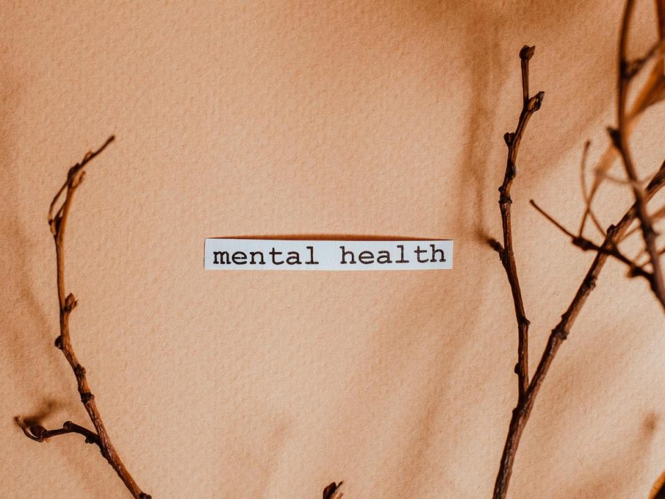 Text that says "mental health" on a light orange background framed by twigs. (Vie Studio/Pexels)