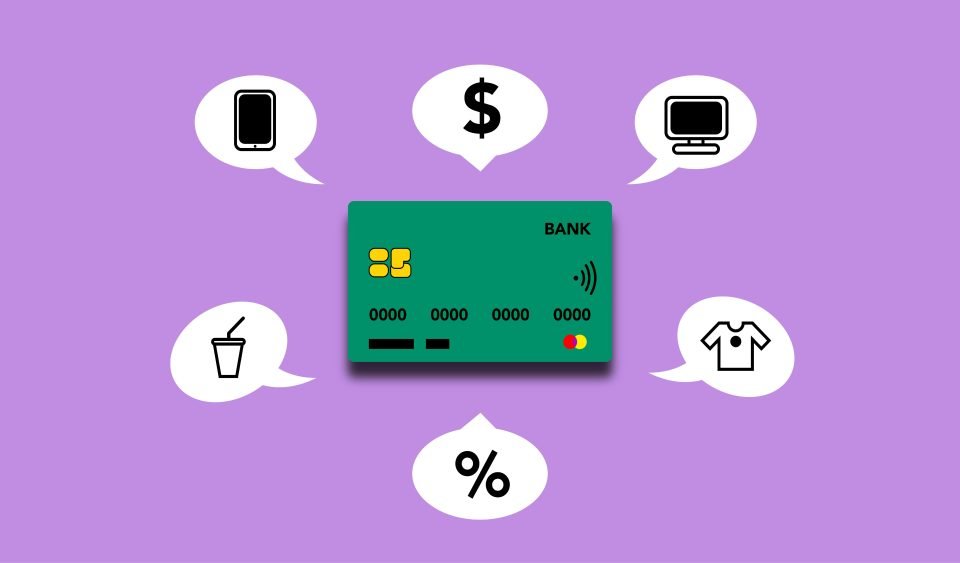 A credit card with bubbles around it containing icons to represent different expenses. It is on a purple background. (Monstera Production/Pexels)