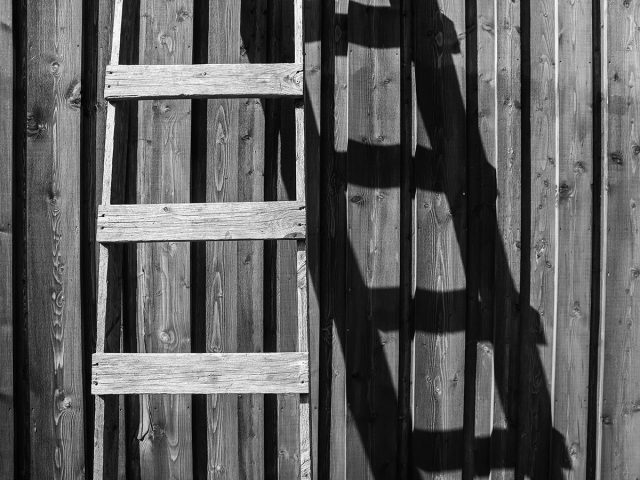A wooden ladder casts a shadow on a wall.