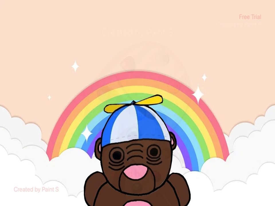 A cartoon figure representing author Anthony in the foreground. In the background is a rainbow, clouds, sparkles, and a beige background. (Art by Anthony Albania)
