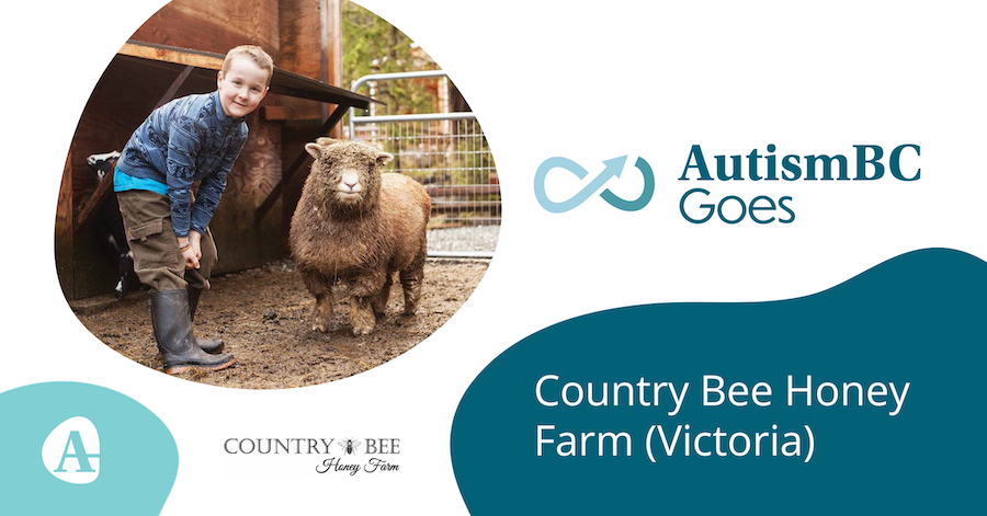 Event banner for AutismBC Goes to Country Bee Honey Farm, an all-ages event free to our Vancouver Island members. The photo on the banner shoes a young child standing next to a sheep and smiling at the farm.