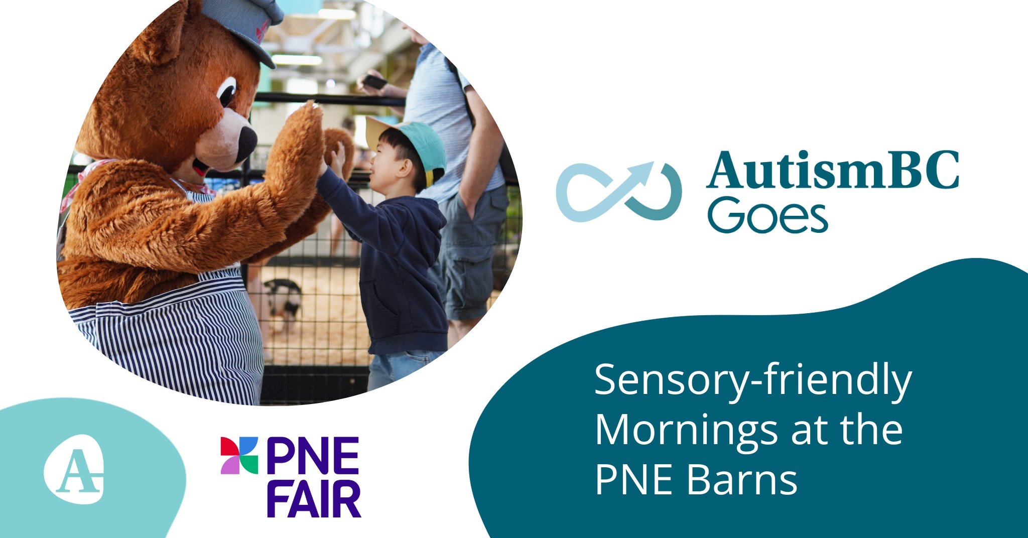 PNE Fair Banner showing a mascot with a child, the PNE Fair logo, the AutismBC Goes Logo, and the event title.