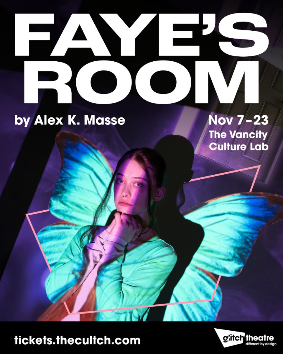 A young woman with butterfly wings stands amid neon lights for "Faye's Room" by Alex K. Masse, staged Nov 7-23 at The Vancity Culture Lab.
