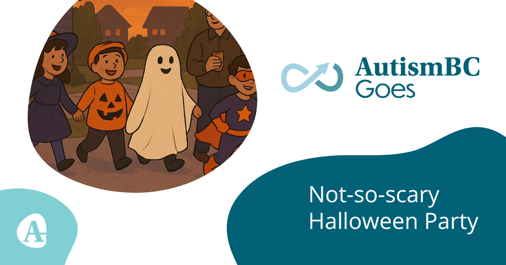 The promotional event banner for AutismBC Goes: Not-so-scary Halloween Party in Prince George, BC. It shows cartoon kids in costumes trick-or-treating with adults nearby as chaperones.