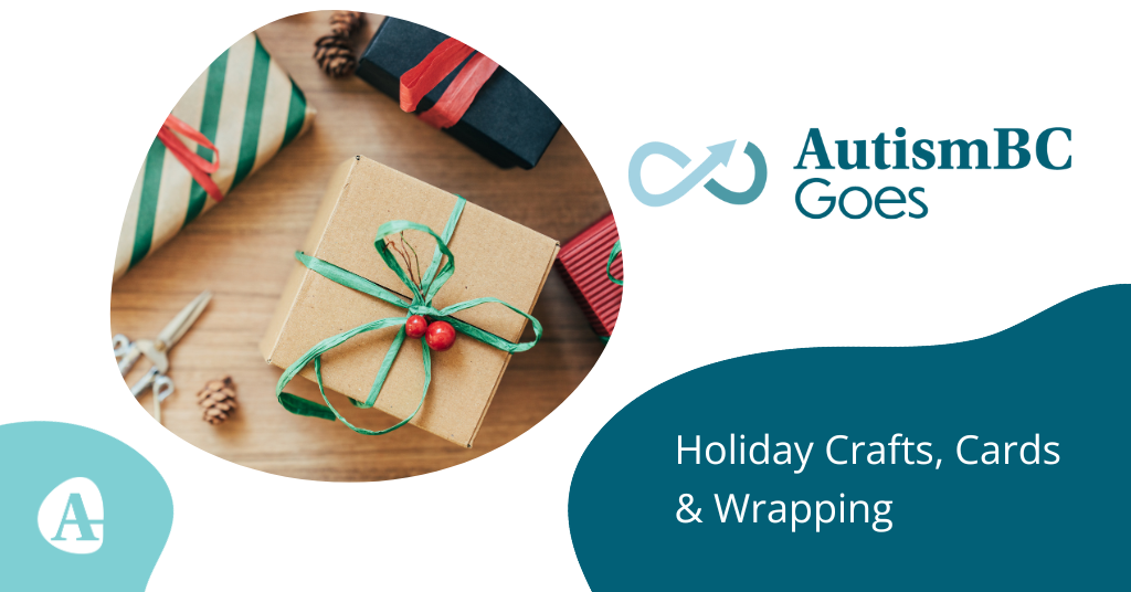 The promotional event banner for AutismBC Goes Crafts, Cards & Gift-Wrapping in Kelowna in 2025. It shows a gift being wrapped on a table.