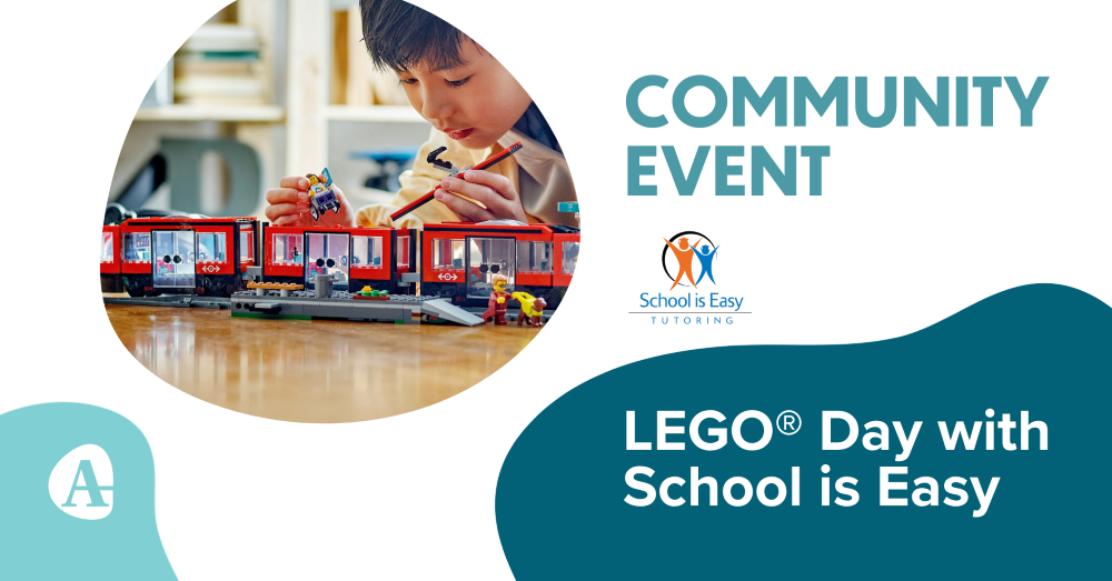 Promotional banner for the AutismBC community event, LEGOThe logo for School is Easy, a tutoring service partnering with AutismBC for an upcoming Community Event, LEGO® Day with School is Easy.