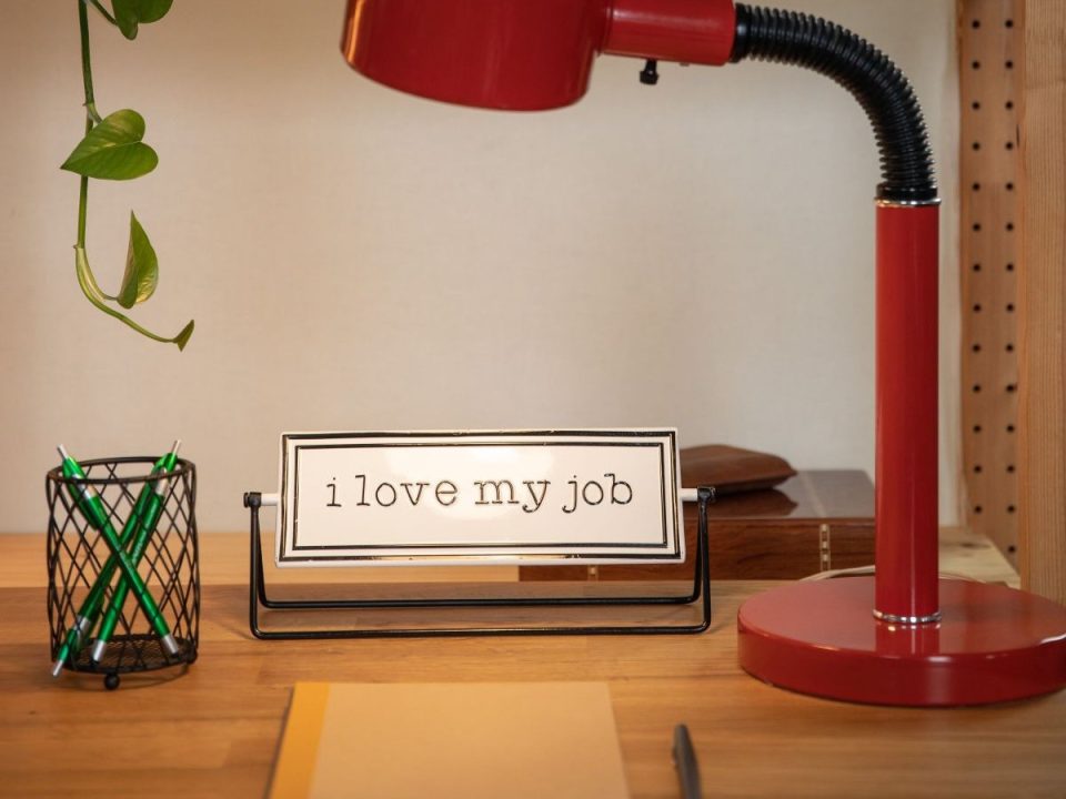 A sign on a desk that says "I love my job" surrounded by office supplies, a plant, and a desk lamp. (RDNE Stock Project/Pexels)
